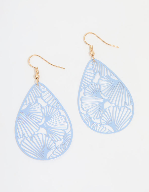 Gold Blue Filigree Pear Drop Earrings