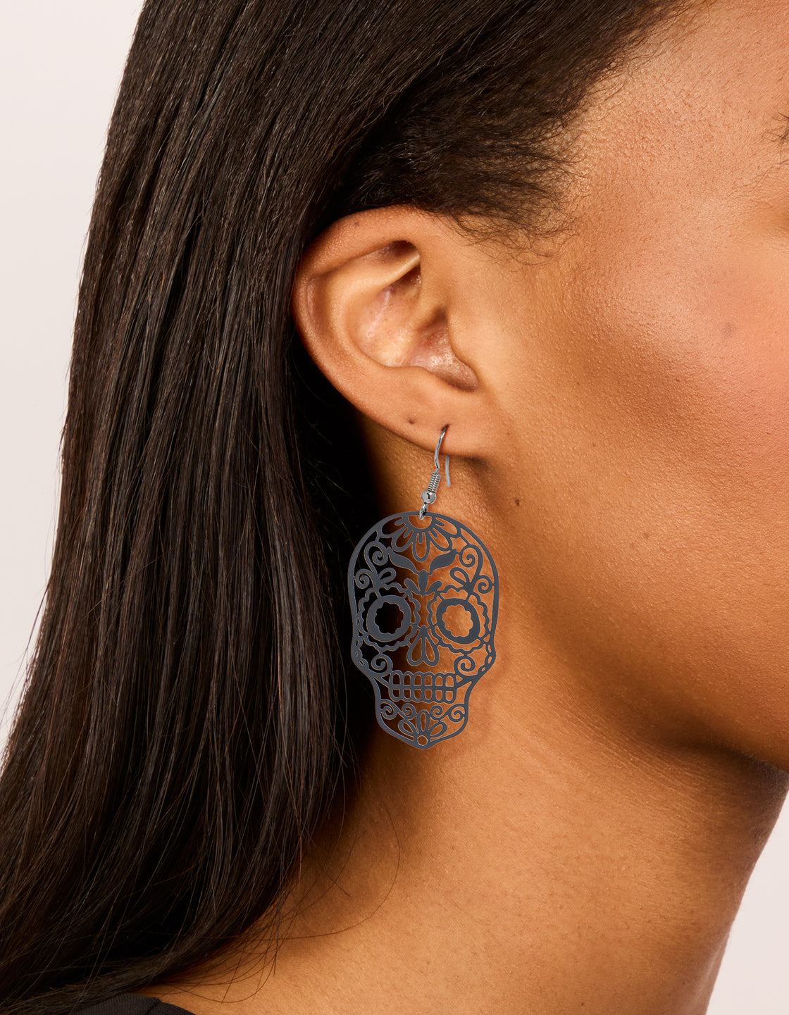 Black Coated Metal Skeleton Face Drop Earrings