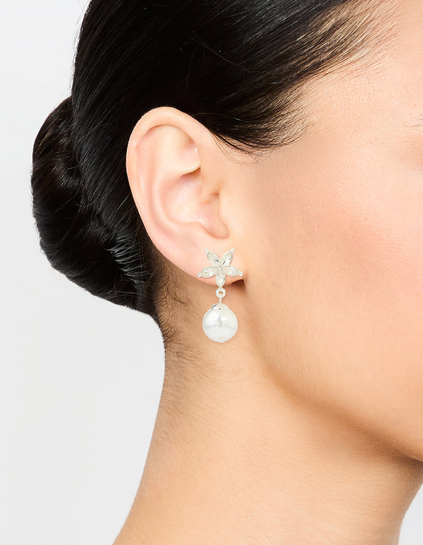 Silver Diamante Pearl Drop Earrings