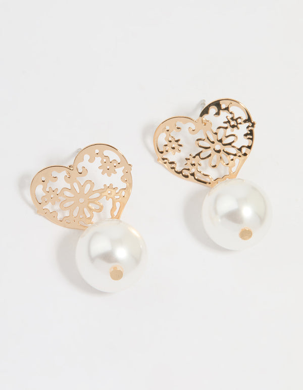Gold Pearl Textured Heart Drop Earrings