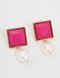 Gold Pearl & Hot Pink Square Drop Earrings - link has visual effect only