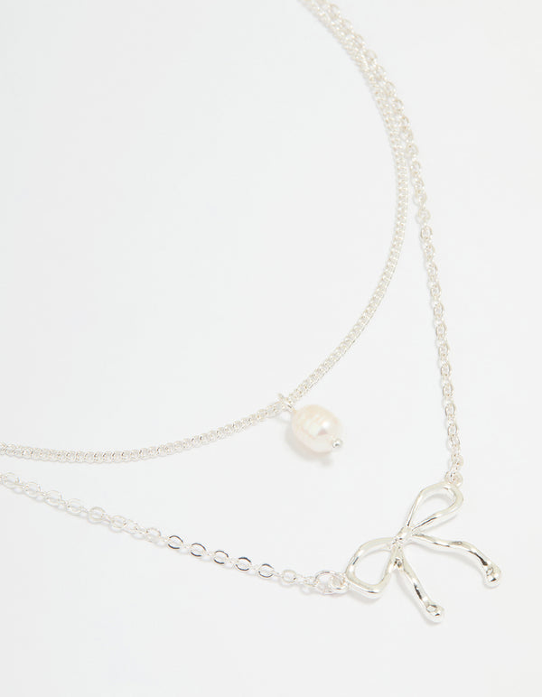 Silver Pearl & Bow Layered Necklace