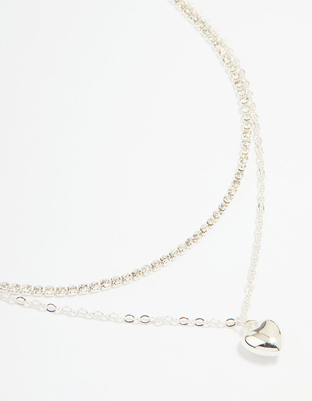 Silver Diamante Cupchain & Puffy Heart Layered Necklace