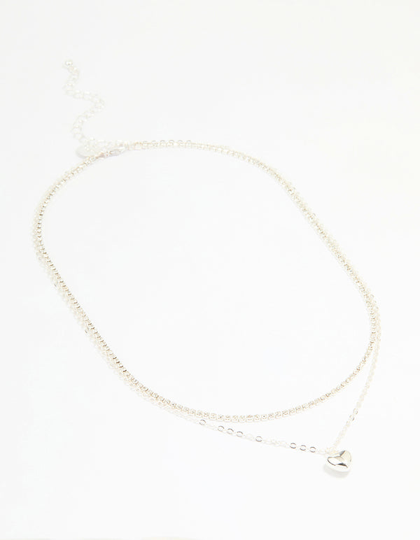 Silver Diamante Cupchain & Puffy Heart Layered Necklace