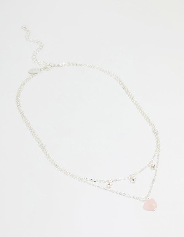 Silver Diamante & Pink Stone Heart Layered Necklace