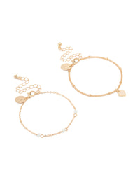 Gold White Stone & Heart Charm Bracelets 2-Pack - link has visual effect only