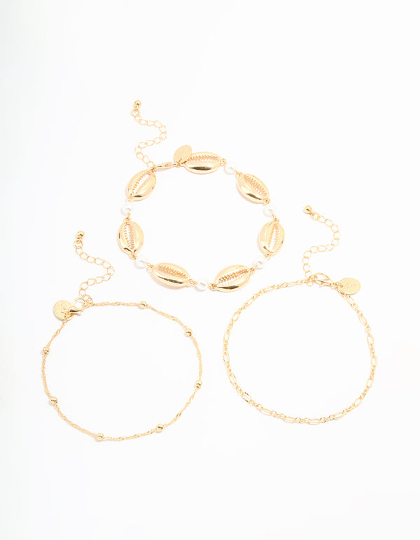 Gold Cowry Shell & Dainty Anklets 3-Pack