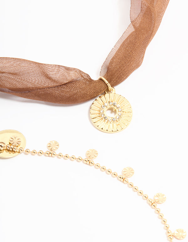 Gold Brown Fabric & Snake Chain Anklets 3-Pack