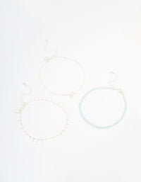 Silver Turquoise Beaded & Spiral Circle Anklets 3-Pack - link has visual effect only