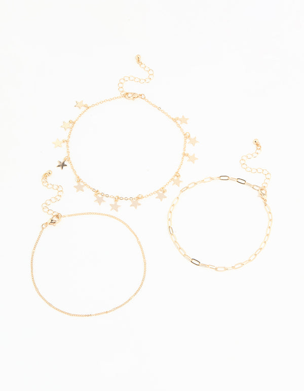 Gold Star & Chain Anklets 3-Pack
