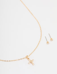 Gold Cubic Zirconia Cross Necklace & Earrings Set - link has visual effect only