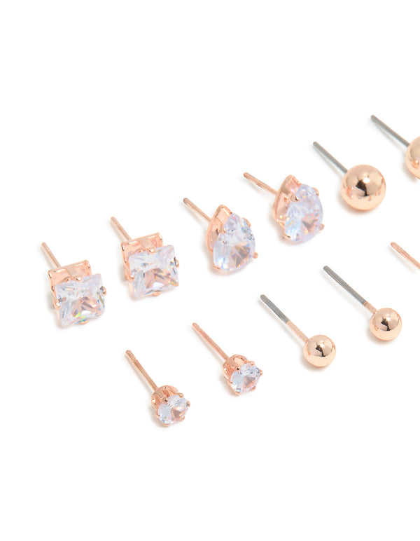 Rose Gold Diamante Mixed Shape Stud Earrings 8-Pack