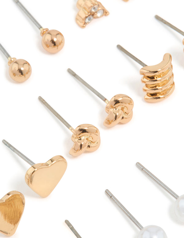 Gold Twisted & Diamante Stud Earrings 12-Pack