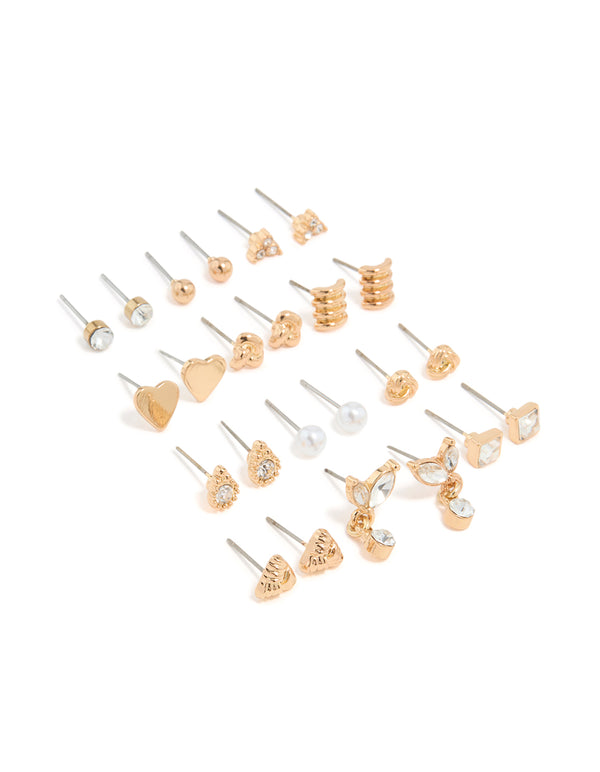 Gold Twisted & Diamante Stud Earrings 12-Pack