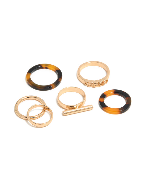 Gold Smooth & Tortoiseshell Rings 6-Pack
