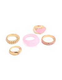 Gold Pink Acrylic & Diamante Rings 5-Pack - link has visual effect only
