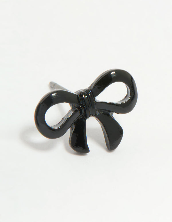 Black Coated Metal Ribbon Bow Stud Earrings