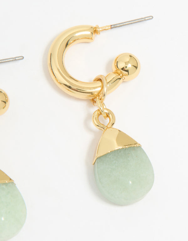 Gold Plated Green Semi Precious Stone Oval Hoop Earrings