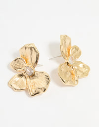 Gold Plated Cubic Zirconia Half Textured Flower Earrings - link has visual effect only