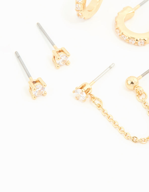 Gold Plated Cubic Zirconia Dainty Chain & Huggie Earrings 4-Pack