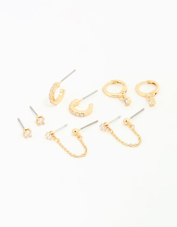 Gold Plated Cubic Zirconia Dainty Chain & Huggie Earrings 4-Pack