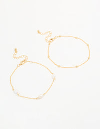 Gold Plated Freshwater Pearl Ball Chain Anklets 2-Pack - link has visual effect only