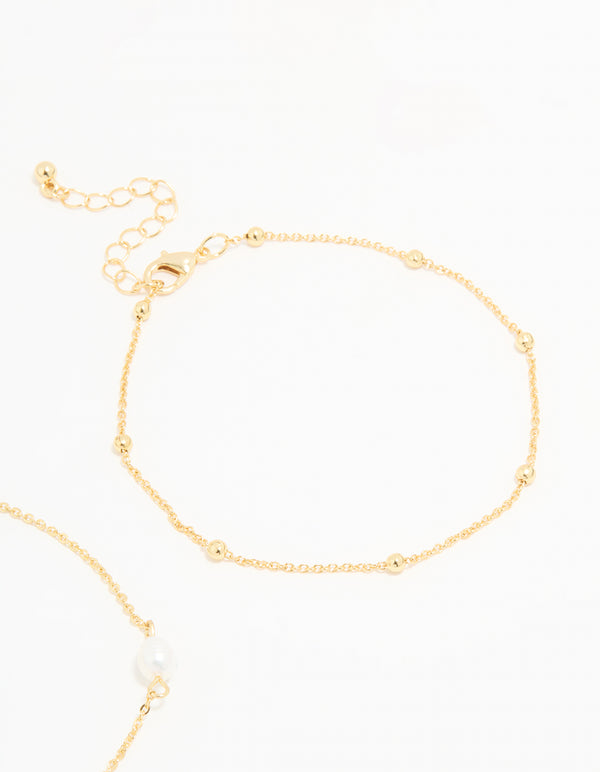 Gold Plated Freshwater Pearl Ball Chain Anklets 2-Pack