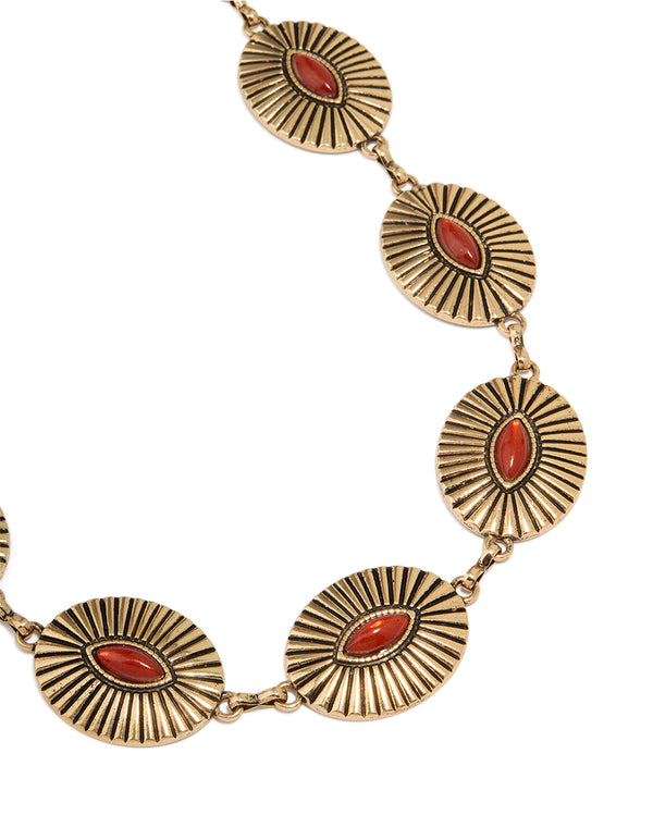 Antique Gold Red Oval Gem Western Belt