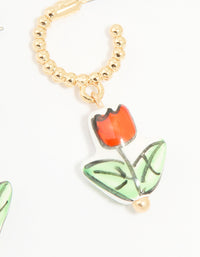 Gold Red Ceramic Flower Huggie Drop Earrings - link has visual effect only