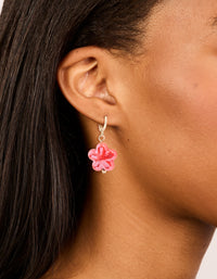 Gold Pink Flower Huggie Drop Earrings - link has visual effect only