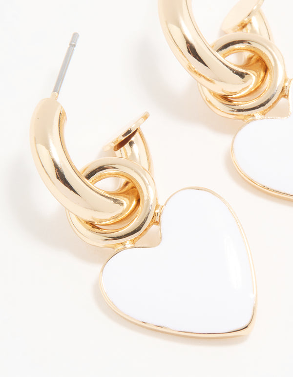 Gold White Enamel Heart Huggie Drop Earrings