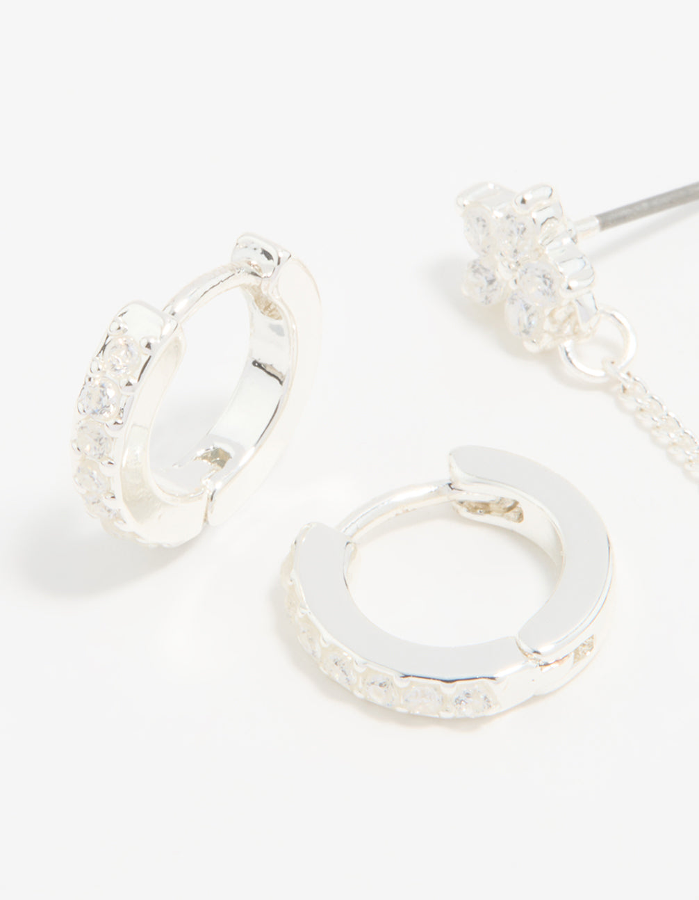 Silver Cubic Zirconia Chain Flower Chain & Huggie Earrings 3-Pack