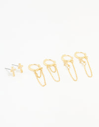 Gold Cubic Zirconia Loop Chain Cross Earrings 3-Pack - link has visual effect only