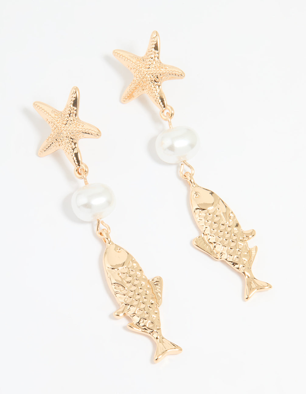 Gold Pearl Fish Drop Earrings