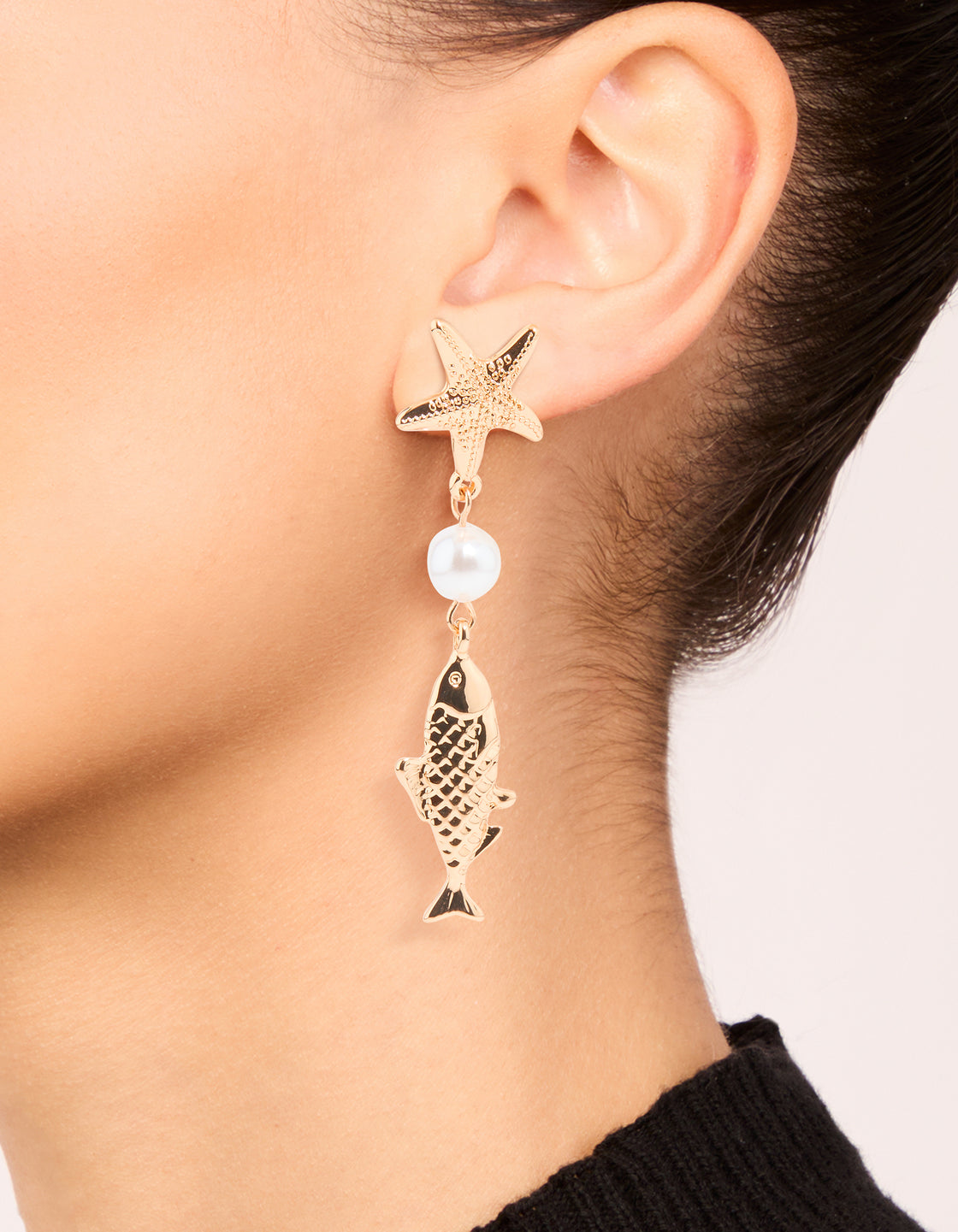 Gold Pearl Fish Drop Earrings