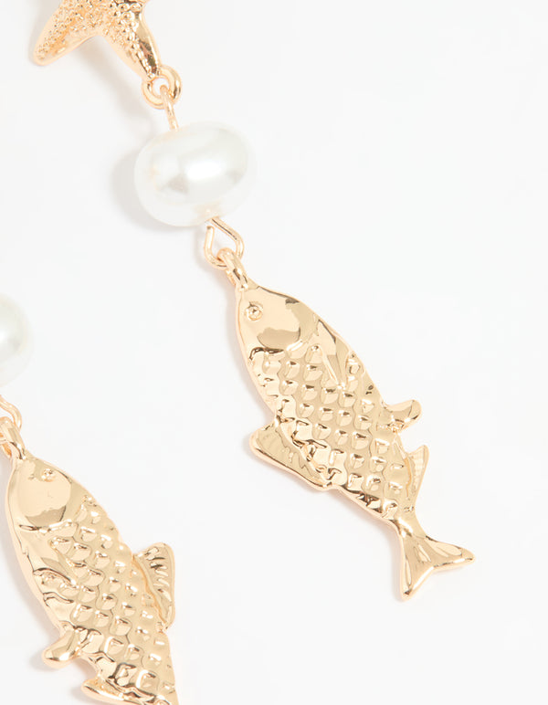 Gold Pearl Fish Drop Earrings