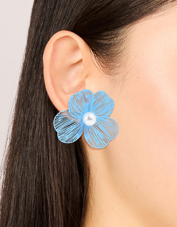 Gold Blue Laser Cut Flower Pearl Stud Earrings