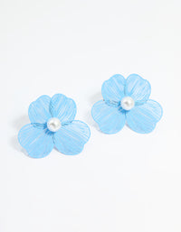 Gold Blue Laser Cut Flower Pearl Stud Earrings - link has visual effect only