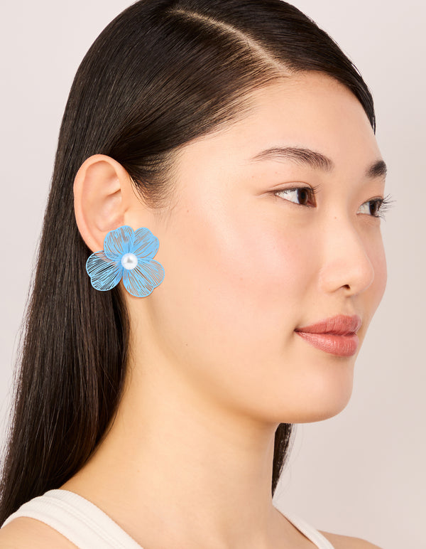 Gold Blue Laser Cut Flower Pearl Stud Earrings