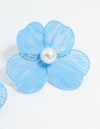 Gold Blue Laser Cut Flower Pearl Stud Earrings - link has visual effect only