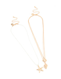 Gold Beaded Sea Star & Sea Charm Layered Necklace Set - link has visual effect only