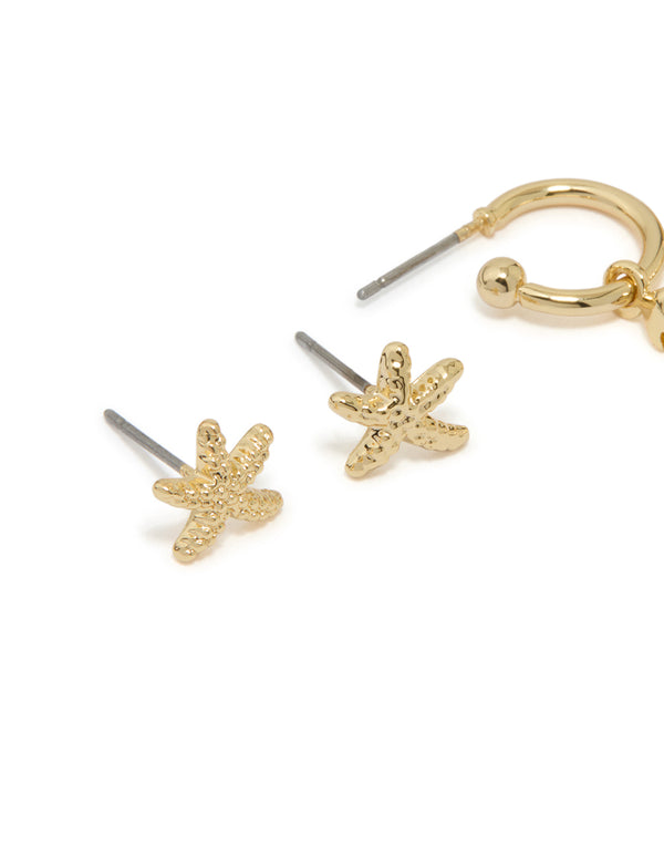 Gold Plated Green Cubic Zirconia & Starfish Earrings 3-Pack