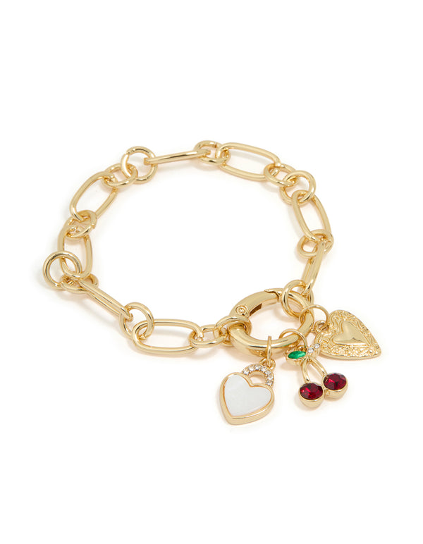 Gold Plated Cherry & Heart Locket Charm Bracelet