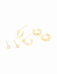 Gold Plated Brass Cubic Zirconia Small Stud & Huggie Earrings 3-Pack - link has visual effect only