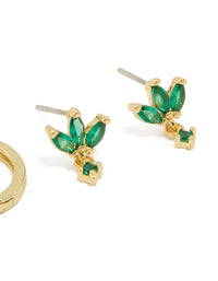 Gold Plated Brass Emerald Flower Stud & Huggie Earrings 3-Pack - link has visual effect only