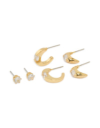Gold Plated Brass Cubic Zirconia Inlay Stud & Huggie Earrings 3-Pack - link has visual effect only
