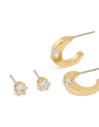 Gold Plated Brass Cubic Zirconia Inlay Stud & Huggie Earrings 3-Pack - link has visual effect only