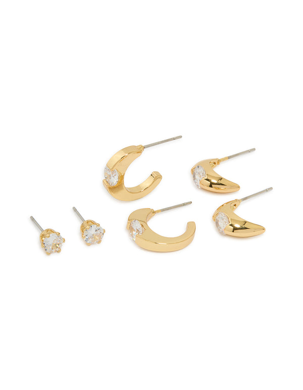 Gold Plated Brass Cubic Zirconia Inlay Stud & Huggie Earrings 3-Pack