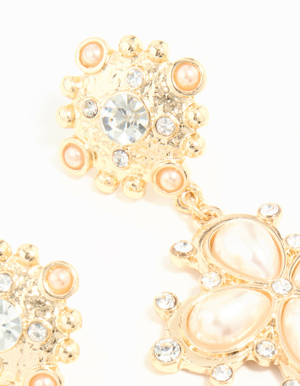 Gold Diamante Pearl Pendant Drop Earrings