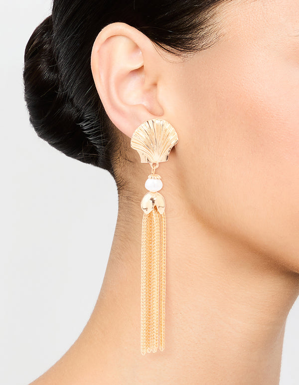 Gold Shell & Tassel Chain Drop Earrings